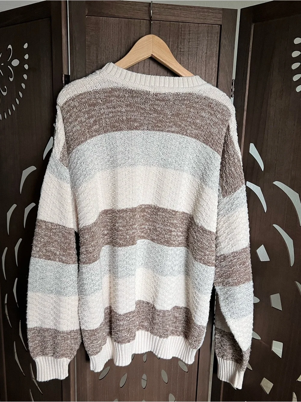 Ashley By 26 International Cream, Brown & Light Gray Geometric Crewneck Sweater